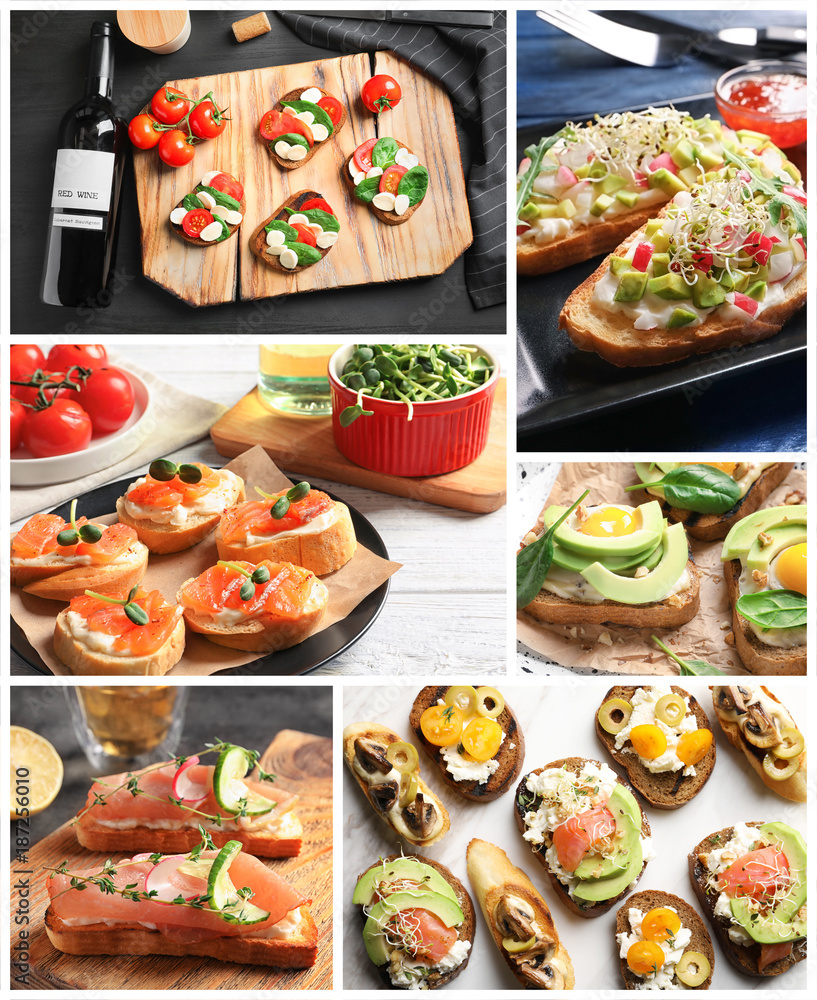 Collage with ideas for serving delicious bruschettas Collage with ideas for serving delicious bruschettas