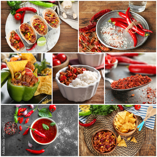 Collage of different tasty dishes with chili pepper