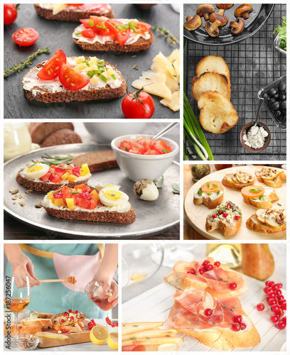 Collage with ideas for serving delicious bruschettas