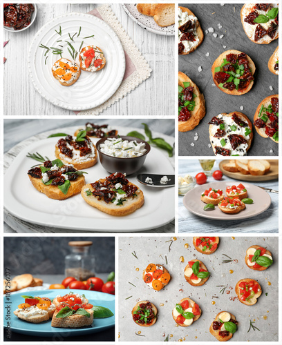 Collage with ideas for serving delicious bruschettas with different kinds of tomatoes