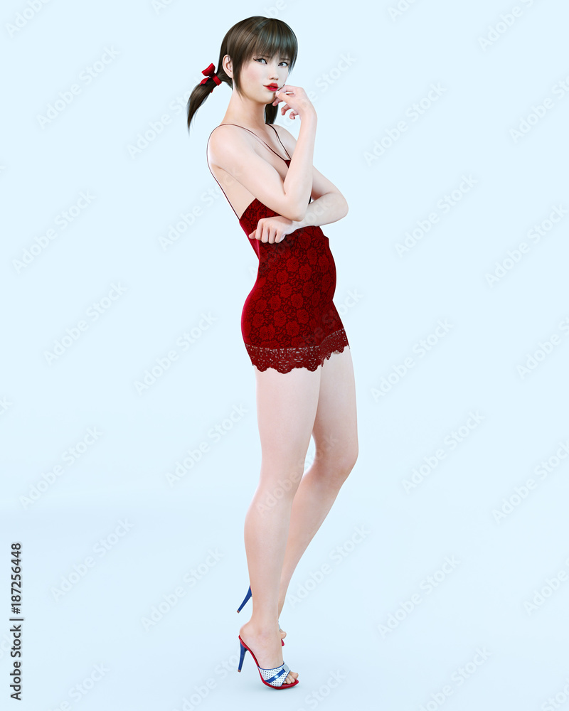 3D beautiful japanese girl in short red dress in flower. Hair ponytail. Woman studio photography. High heel. Conceptual fashion art. Seductive candid pose. Realistic render illustration. Isolate. 3D beautiful japanese girl in short red dress in flower. Hair ponytail. Woman studio photography. High heel. Conceptual fashion art. Seductive candid pose. Realistic render illustration. Isolate.