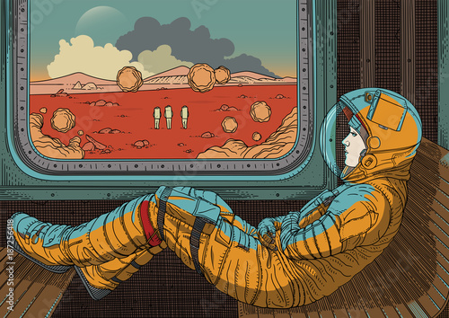 Girl on train. Vector illustration with astronaut traveling by rail on Mars. Martian landscape outside window. Colonization of red planet. Fantastic world of future