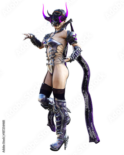 Evil sorceress mask horns. Gothic warrior woman. Magical protective armor. Muscular athletic body. Realistic 3D rendering isolate illustration. Hi key. © vladnikon