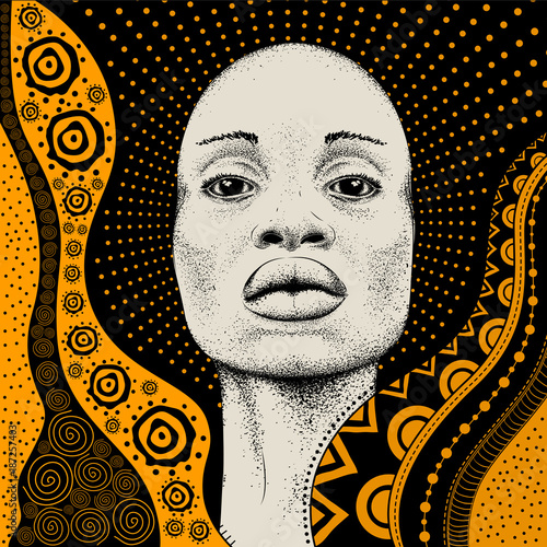 African Girl with African hand draw ethno pattern, tribal background. Beautiful black woman. Profile view. Vector illustration