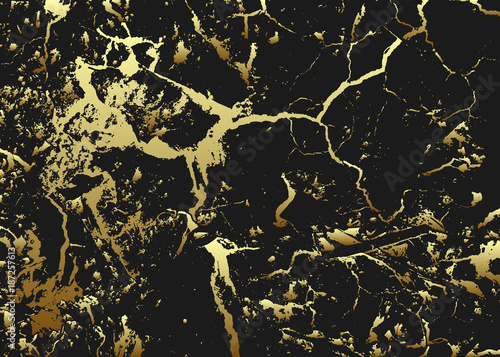 Golden Foil texture. Vector black marble with golden blotches. Trendy template for design, party, birthday, wedding, invitation, web, banner, card.
