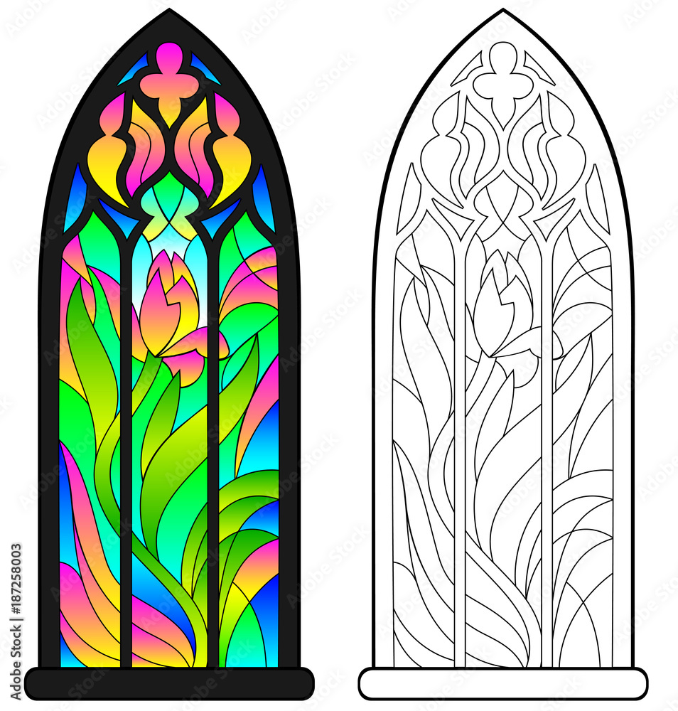 Colorful and black and white pattern of Gothic stained glass window