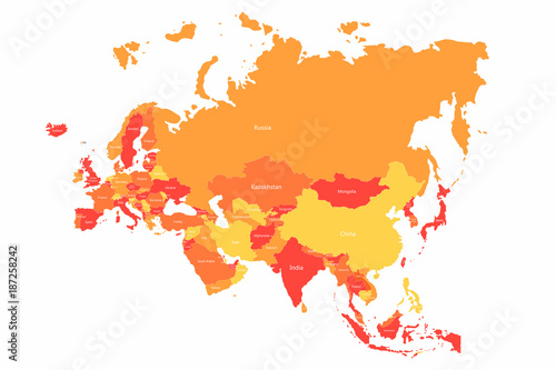 Vector Eurasia map with countries borders. Abstract red and yellow Eurasia countries on map