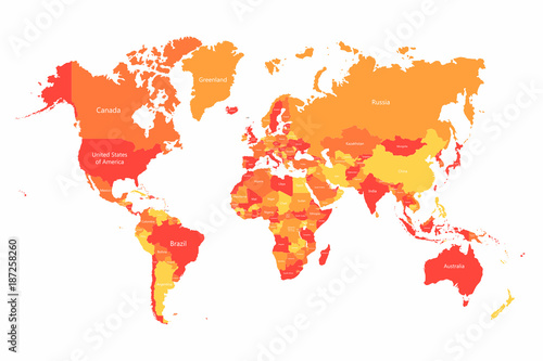 Vector World map with countries borders. Abstract red and yellow World countries on map