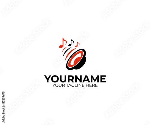 Sound speaker and musical notes logo template. Woofer vector design. Subwoofer illustration