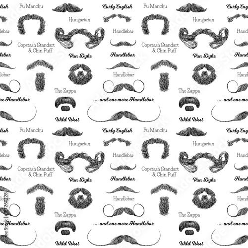 Vector seamless pattern with beards and mustaches. Hand drawn illustration with fashionable men's styles. Linear Graphics. Kinds and names of hairstyles