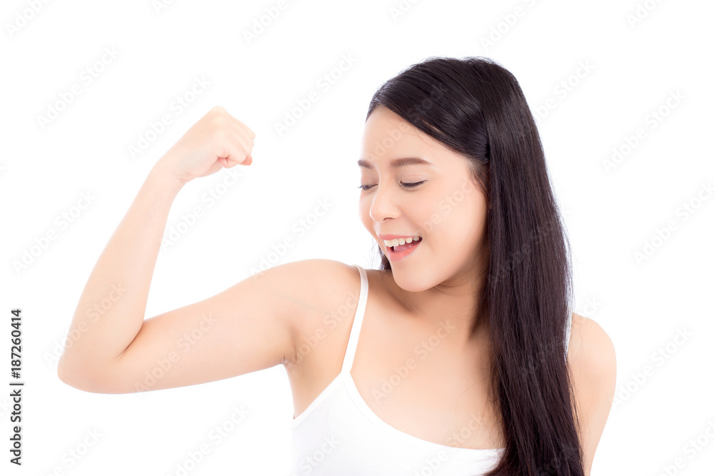 Portrait of beautiful asian woman power strong and strength, beauty of girl with wellness and smile isolated on white background, healthcare concept. Portrait of beautiful asian woman power strong and strength, beauty of girl with wellness and smile isolated on white background, healthcare concept.