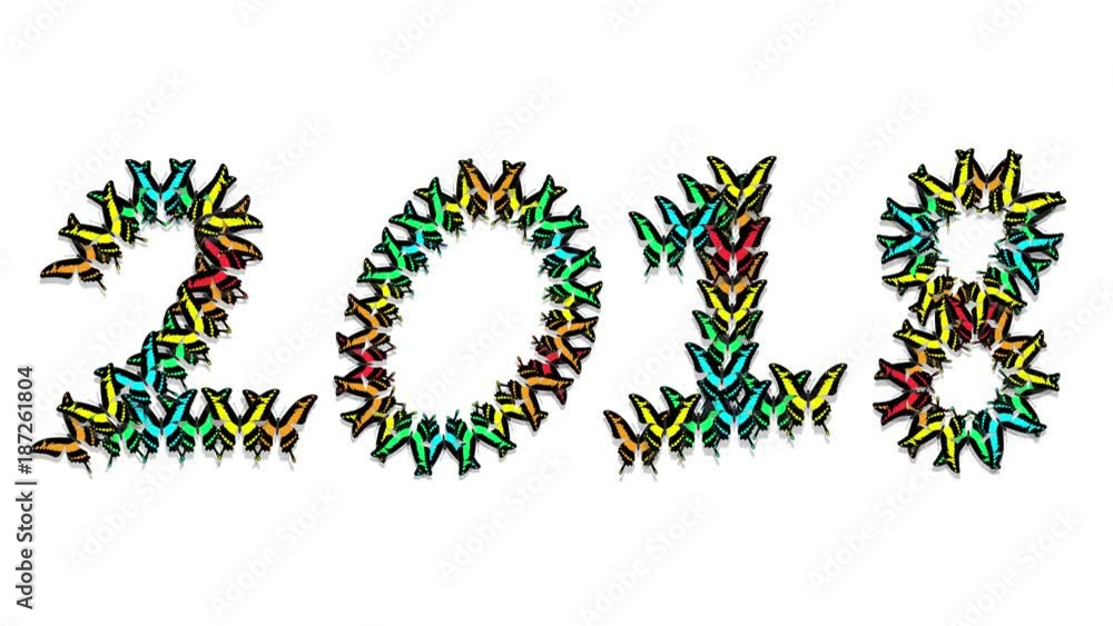 animated multicolored butterflies arrive, make up an inscription number 2018 on a white background animated multicolored butterflies arrive, make up an inscription number 2018 on a white background