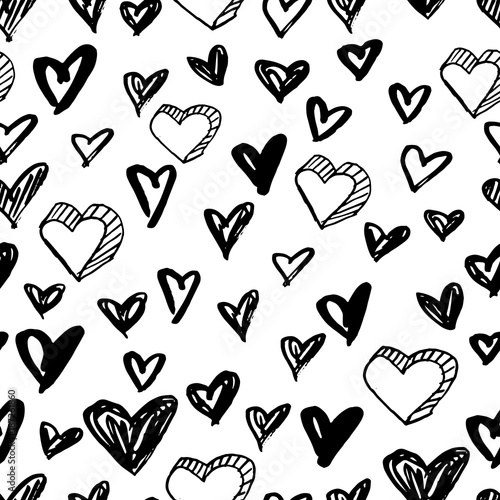 Vector seamless hearts pattern. Black and white background made with watercol...