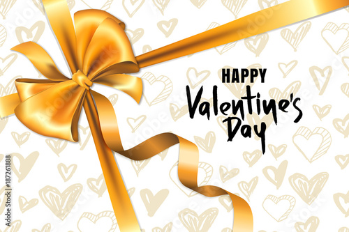Valentines day vector greeting card. Golden ribbon and gold heart pattern. De...