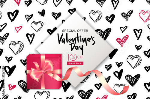Valentines day sale banner. Vector gift box with ribbon on hearts background....