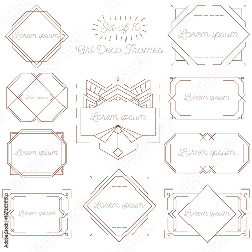 Set of isolated art deco frames, badges, labels and borders. Vector illustration on white background. Brown vintage ornaments, graphic elements. Thin line geometric template for design