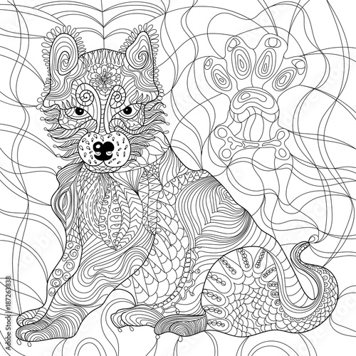 Dog anti stress vector coloring book for adult. Isolated ornament on white background with doodle and zentangle elements. Freehand ethnic drawing for tattoo or logo template, decorative piece, page