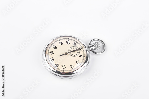 Chronometer isolated on white background. Silver stopwatch of high quality. Metallic stop watch on sale.