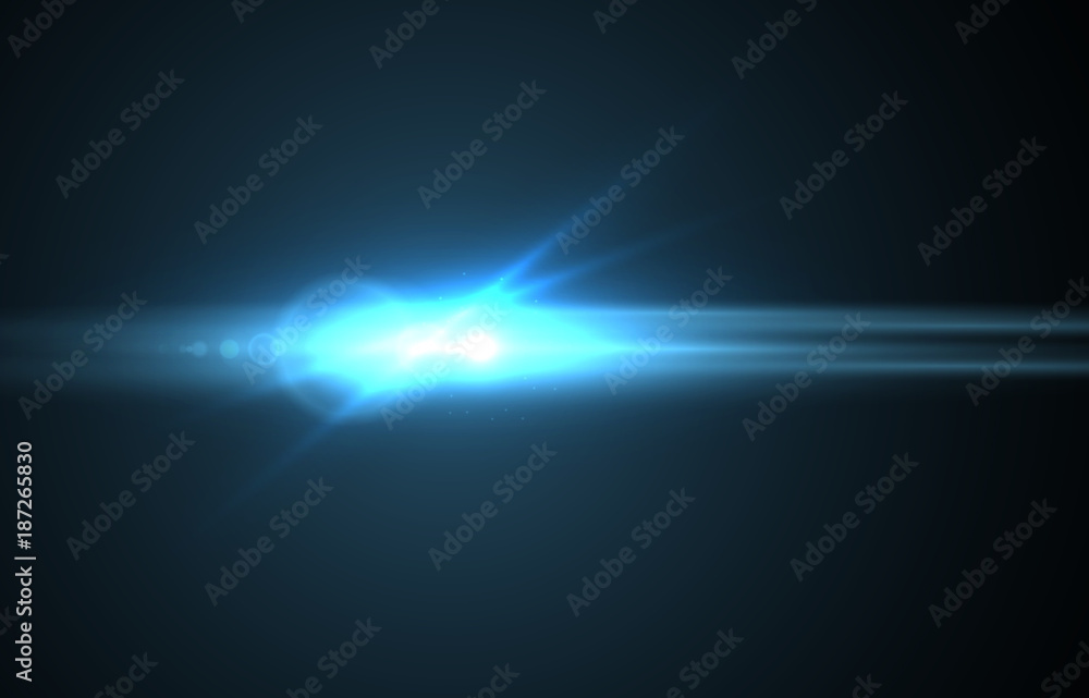 Blue bright light effect of the lens flare on a dark background. Vector illustration, eps10