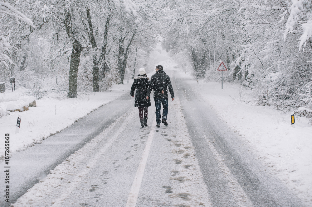 wedding couple walking in the snow