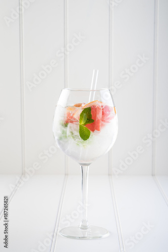 Obraz na płótnie gin and tonic alcohol drink cocktail glass ice fruit garnish plain black white background w salonie