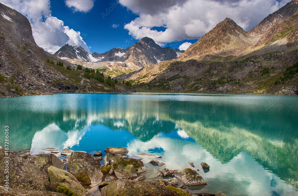 Darashkol lake in the Altai mountains in day time. Siberia, Russia.