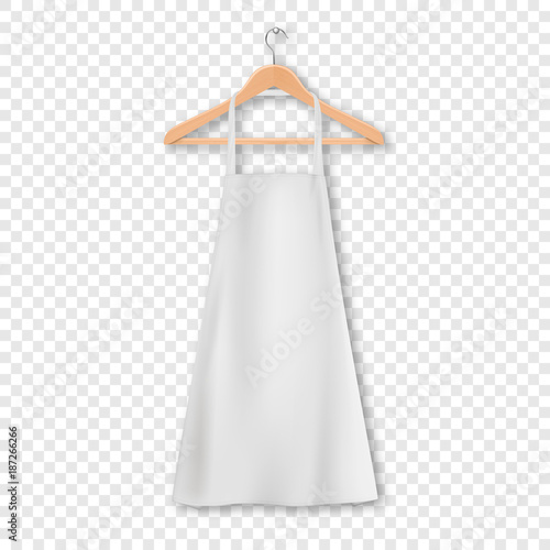 Vector white blank cotton kitchen apron with clothes wooden hanger closeup isolated on transparency grid background. Design template, mock up for branding, advertising etc. Cooking or baker concept