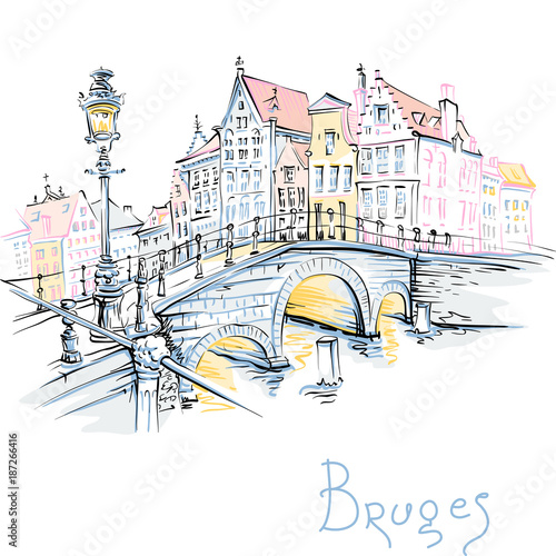 Vector scenic color city sketch, view of Bruges canal and bridge with beautiful medieval houses, Belgium