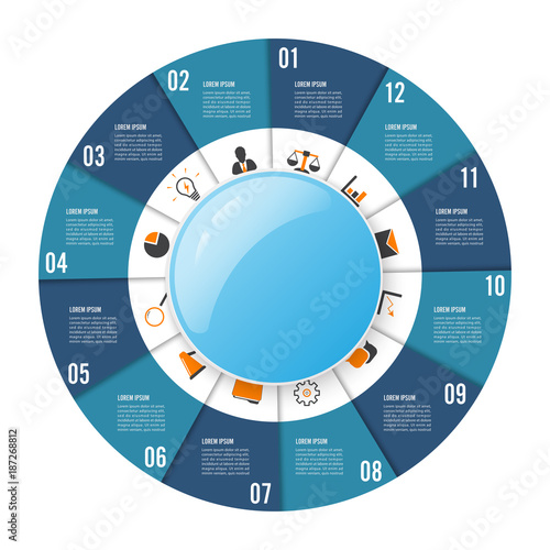 Circle chart infographic template with 12 options for presentations, advertising, layouts, annual reports