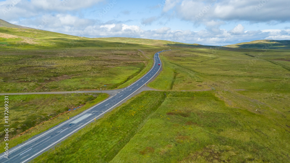 Aerial view of motorhome on the road in Iceland	