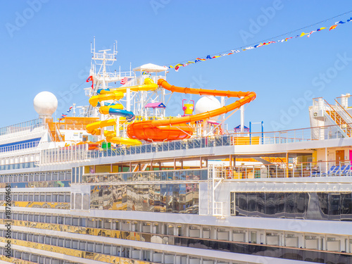 Cruise ship looking like a floating water park at San Juan Bay, Puerto Rico