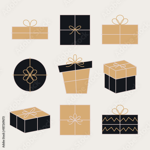 Gift box icons vector set. Ribbon and bows. Monoline flat illustrations with editable strokes. Isolated minimal and delicate design elements for christmas, seasonal greetings.