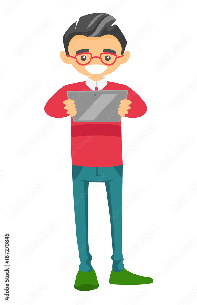 Young Caucasian white businessman in glasses reading news on portable digital tablet. Vector cartoon illustration isolated on white background.
