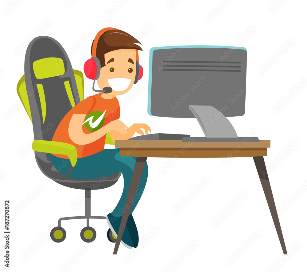 A young man with headset looking at monitor computer. Continuous one line  drawing of a gamer playing games with computer monitor, headphone, mouse,  and keyboard. Sparring game online concept 2099816 Vector Art
