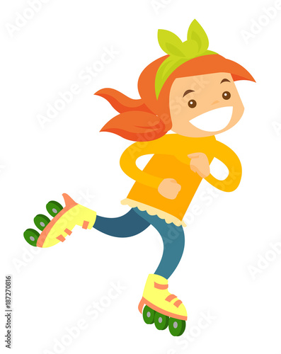 Happy caucasian white girl riding on roller skates. Outdoor sport and active leisure activities. Vector cartoon illustration isolated on white background.