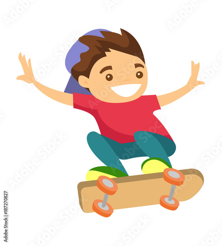 Teen caucasian white skateboarder boy in baseball cap having fun while riding a skateboard. Outdoor sport and active leisure activities. Vector cartoon illustration isolated on white background.