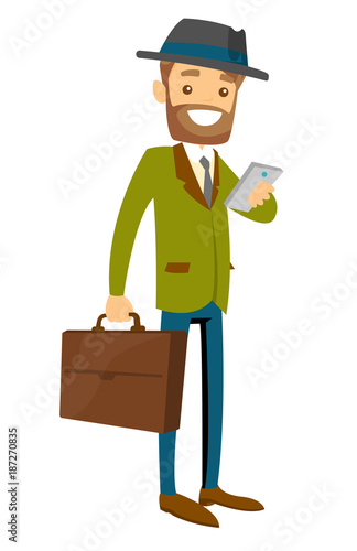 Young Caucasian white formally dressed businessman with briefcase texting or reading message on the smartphone. Vector cartoon illustration isolated on white background.