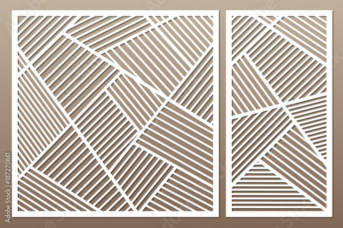 Set decorative card for cutting. Geometric line pattern. Laser cut. Ratio 1:1, 1:2. Vector illustration.