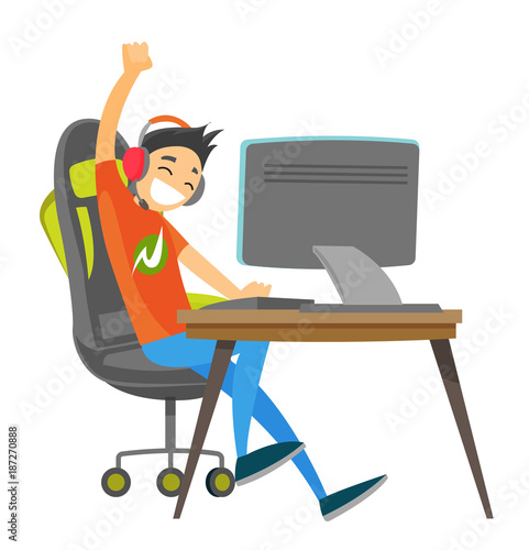Caucasian white teenage gamer in headset playing video game on a computer and celebrating victory. Technology and gaming concept. Vector cartoon illustration isolated on white background.