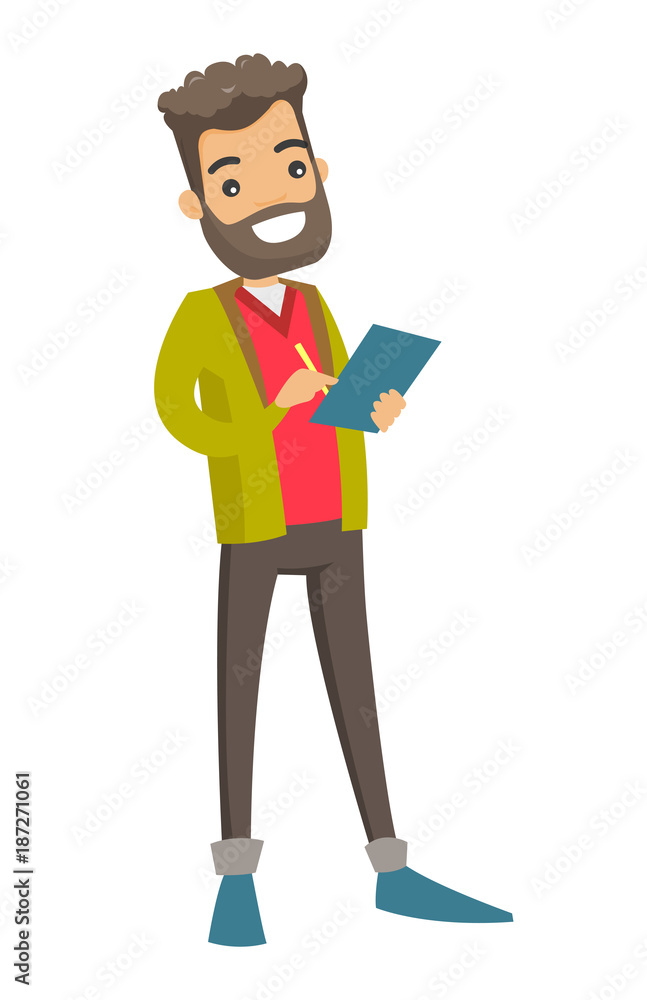 Full length of young caucasian white businessman in formal suit holding clipboard and signing business papers. Vector cartoon illustration isolated on white background. Full length of young caucasian white businessman in formal suit holding clipboard and signing business papers. Vector cartoon illustration isolated on white background.