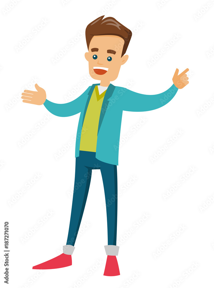 Full length of young caucasian white businessman standing with outstretched arms symbolizing welcome gesture. Vector cartoon illustration isolated on white background.