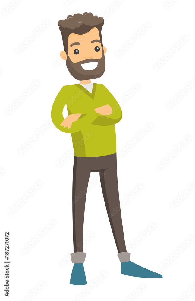 Full length of young caucasian white hipster businessman with beard standing with folded arms. Vector cartoon illustration isolated on white background.