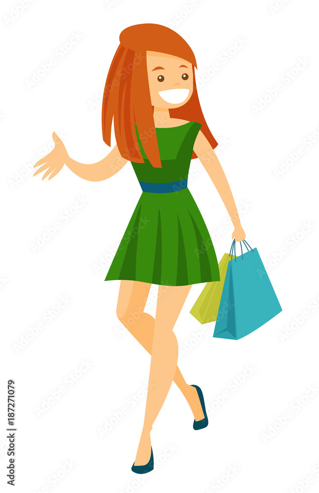 Young happy Caucasian white woman during shopping. Cheerful smiling woman laughing and walking with shopping bags. Vector cartoon illustration isolated on white background. Young happy Caucasian white woman during shopping. Cheerful smiling woman laughing and walking with shopping bags. Vector cartoon illustration isolated on white background.