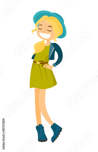 Full length of happy blonde teenage caucasian white smiling girl standing and posing. Vector cartoon illustration isolated on white background.