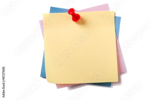 Untidy stack pile various different colors yellow on top sticky post it note square pinned with pushpin isolated on white background photo