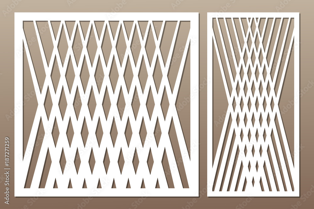 Set decorative card for cutting. Square line diagonal pattern. Laser cut. Ratio 1:1, 1:2. Vector illustration.