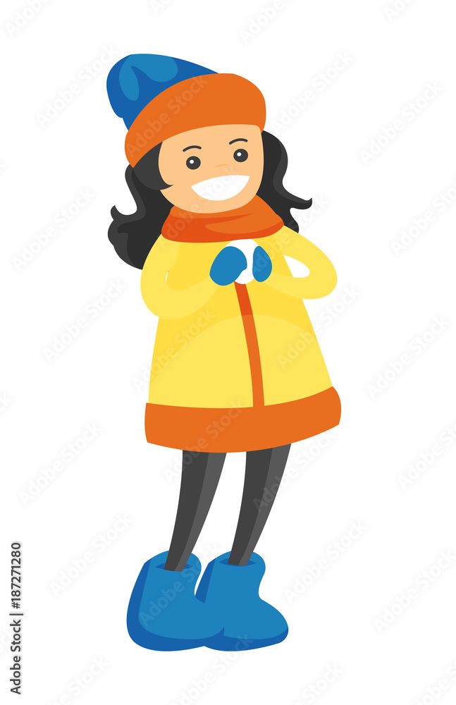 Young smiling caucasian white girl holding a little snowball. Concept of outdoor winter leisure activity. Vector cartoon illustration isolated on white background.