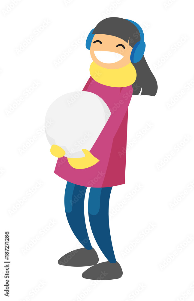 Young caucasian white woman making a big snowball for snowman. Concept of outdoor winter leisure activity. Vector cartoon illustration isolated on white background.