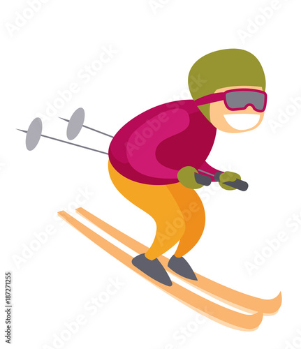 Young active caucasian white skier in ski mask skiing downhill in high mountains. Concept of outdoor winter sport and recreation. Vector cartoon illustration isolated on white background.