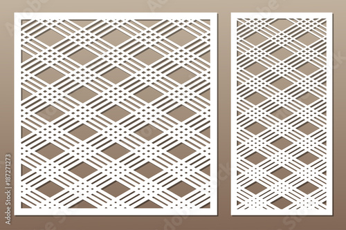 Set decorative card for cutting. Square line diagonal pattern. Laser cut. Ratio 1:1, 1:2. Vector illustration.